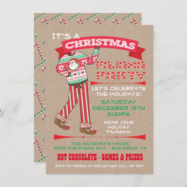 Craft Paper Christmas Pajama Party Invitations (Front/Back)