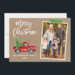 Craft Tape Brush Script Truck Kraft Christmas Holiday Card<br><div class="desc">Modern Brush Script Watercolor Vintage Red Truck with Christmas Tree Merry Christmas Family Photo Holiday Card - Rustic Kraft Paper,  Snowflake Green Craft Tape</div>