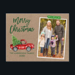 Craft Tape Brush Script Truck Kraft Christmas Postcard<br><div class="desc">Modern Brush Script Watercolor Vintage Red Truck with Christmas Tree Merry Christmas Family Photo Postcard - Rustic Kraft Paper,  Green Snowflake Craft Tape</div>
