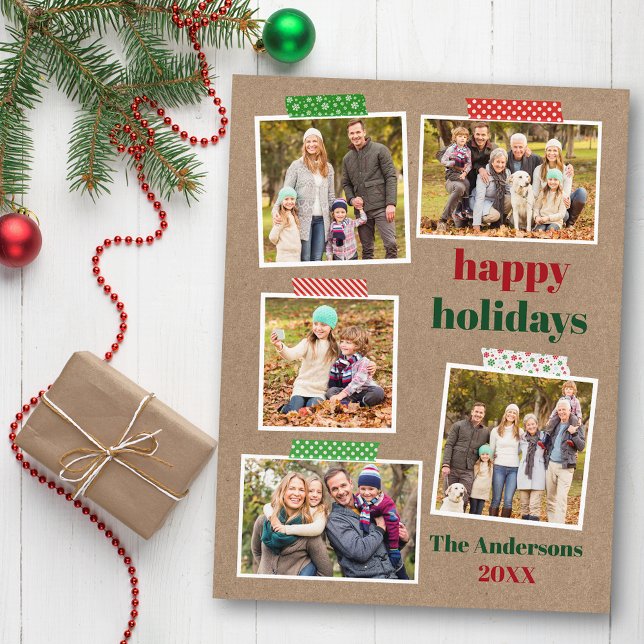 Craft Tape Happy Holidays 5 Photo Kraft Postcard (Customize to change your personalized text size or text style.)