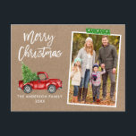 Craft Tape Truck Brush Script Kraft Christmas Postcard<br><div class="desc">Modern Brush Script Watercolor Vintage Red Truck with Christmas Tree Merry Christmas Family Photo Postcard - Rustic Kraft Paper,  Snowflake Green Craft Tape</div>