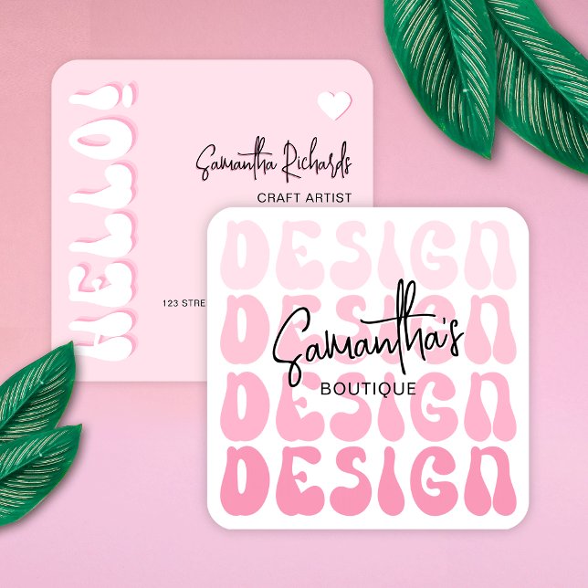 Crafter Handmade Designs Artist Retro Pink Modern Square Business Card (Crafter and designers trendy business cards with retro fonts and pink colors)