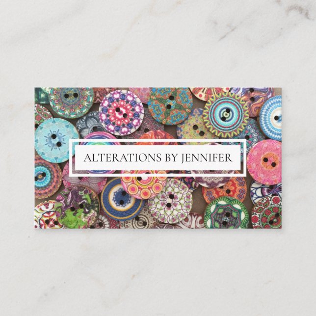 Crafters, Seamstress Colourful Wood Buttons Collag Business Card (Front)