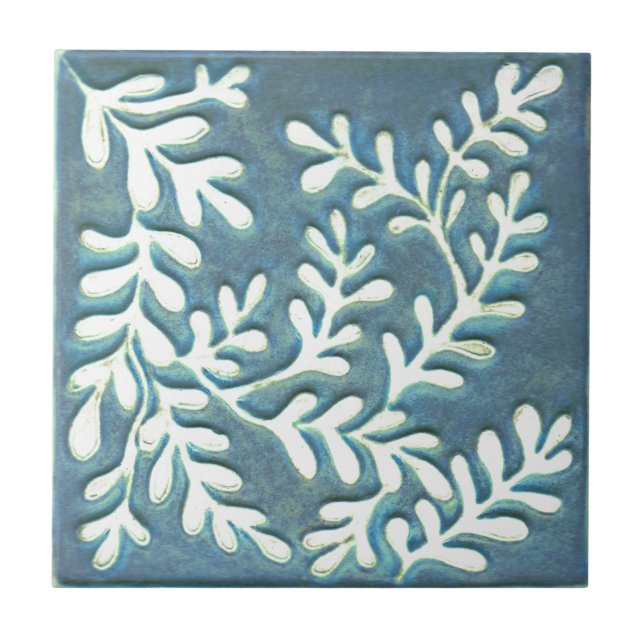 Craftsman Ceramic tile, Blue & white leaves Cerami Tile (Front)