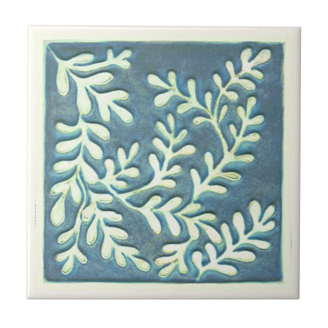 Craftsman Ceramic tile, Blue & white leaves Tile (Front)