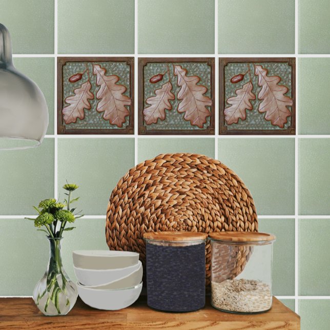  Craftsman Oak leaf Ceramic Decorative tile  (Green and copper Oak leaf tiles shown on a kitchen backsplash, with Fern greenfield tiles.)