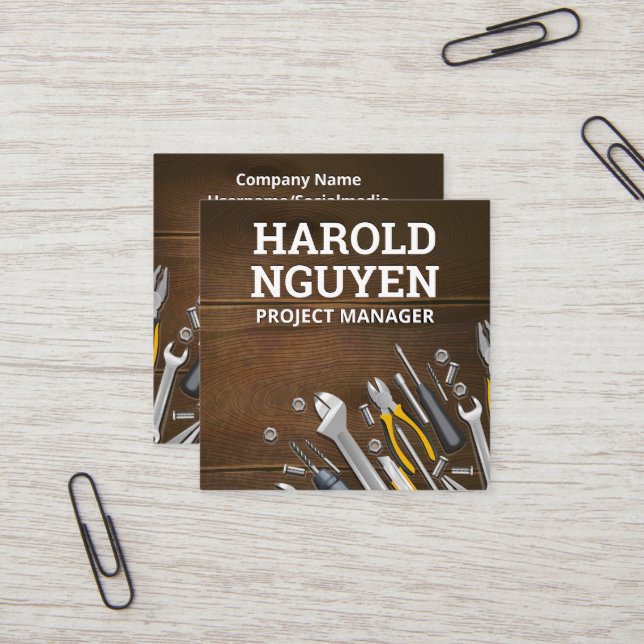 Craftsmen Tools Wooden Table Square Business Card (Front/Back In Situ)