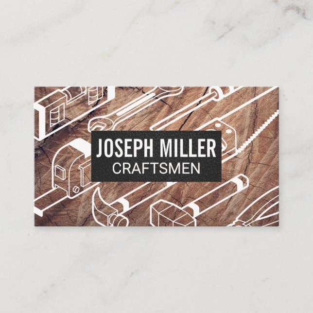 Craftsmen Wood Background | Tools Business Card (Front)