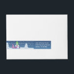 Crafty Snowman Knitting Scarf<br><div class="desc">Vector illustration of two adorable cartoon snowmen dressed in knitted hats and scarves. The big crafty snowman is knitting an oversized scarf for the little one. The scarf is already wrapped several times around the cute little snowman. This wrap around sticker can be used as either address or return address...</div>