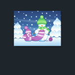 Crafty Snowman Knitting Scarf Canvas Print<br><div class="desc">Vector illustration of two adorable cartoon snowmen dressed in knitted hats and scarves. The big crafty snowman is knitting an oversized scarf for the little one. The scarf is already wrapped several times around the cute little snowman.</div>