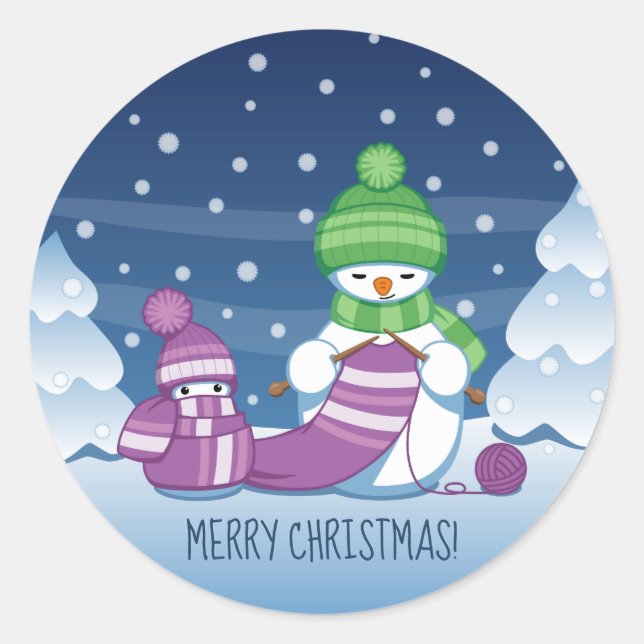Crafty Snowman Knitting Scarf Classic Round Sticker (Front)