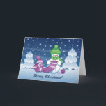 Crafty Snowman Knitting Scarf Holiday Card<br><div class="desc">Vector illustration of two adorable cartoon snowmen dressed in knitted hats and scarves. The big crafty snowman is knitting an oversized scarf for the little one. The scarf is already wrapped several times around the cute little snowman.</div>