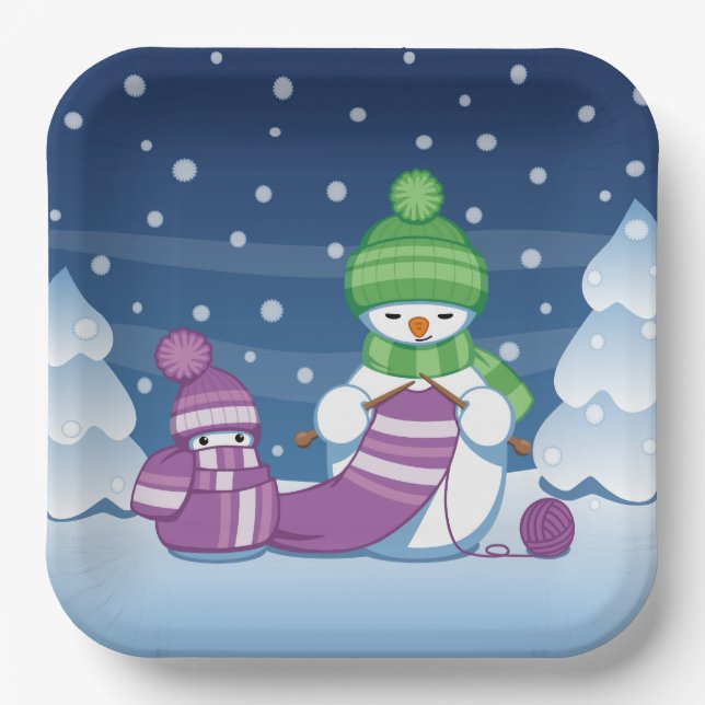 Crafty Snowman Knitting Scarf Paper Plate (Front)