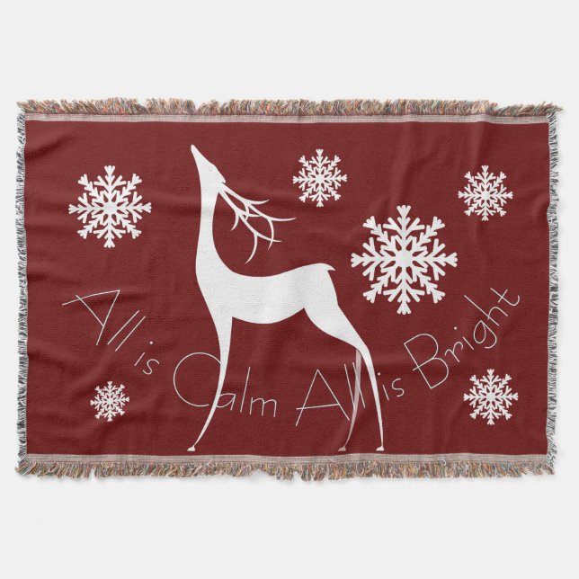 Cranberry All is Calm All is Bright Deer Throw Blanket (Front)