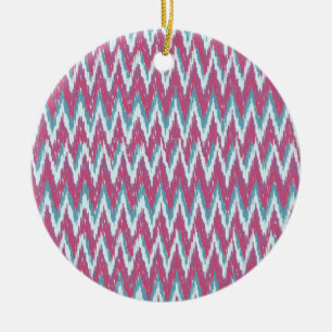 Cranberry and Teal iKat ZigZag Pattern Ceramic Tree Decoration
