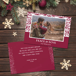 Cranberry and White Damask Christmas Photo Holiday Card
