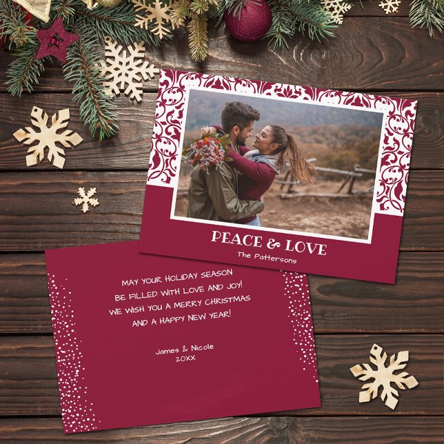 Cranberry and White Damask Christmas Photo Holiday Card (Cranberry and white damask design Christmas photo holiday cards, PRINTED and/or INSTANT DOWNLOAD)