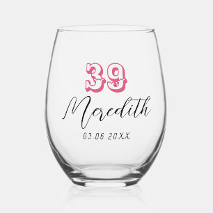 Cranberry Birthday Number Black Name Date Stemless Wine Glass