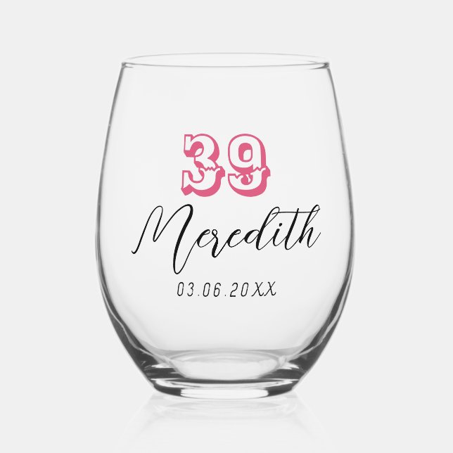 Cranberry Birthday Number | Black Name Date Stemless Wine Glass (Front)