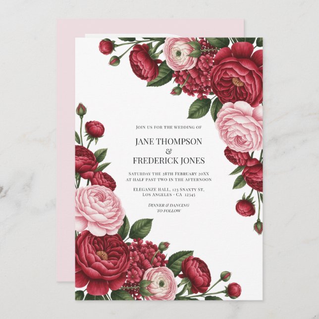 Cranberry & Blush Watercolor Floral Wedding Photo Invitation (Front/Back)