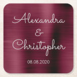 Cranberry Burgundy Elegant Wedding or Reception Square Paper Coaster<br><div class="desc">Cranberry Burgundy Elegant and white custom wedding or reception dinner and cocktail drink coasters. The  text of the Cranberry Burgundy simple and elegant coasters can be updated and customised with your  name and wedding date.</div>
