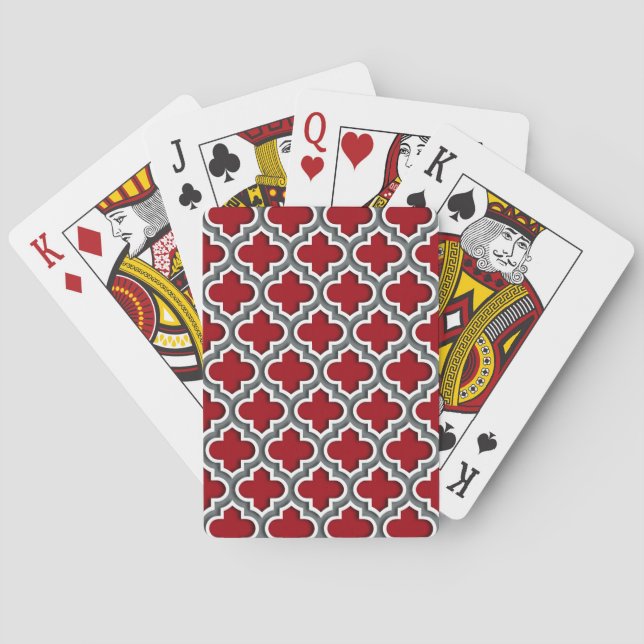 Cranberry Charcoal White Moroccan Quatrefoil #5DS Playing Cards (Back)
