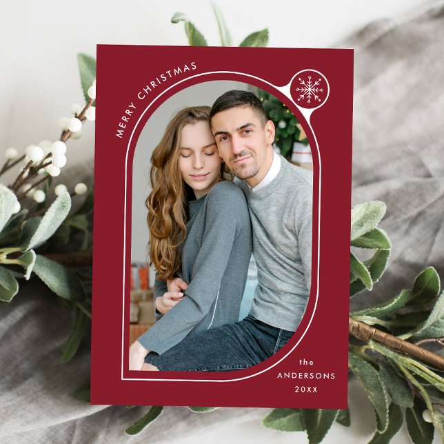 Cranberry Curved Frame Snowflake Photo Holiday Card (Creator Uploaded)