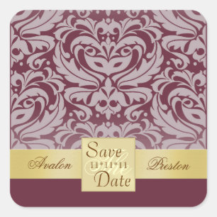 Cranberry Damask Gold Ribbon Save The Date Sticker