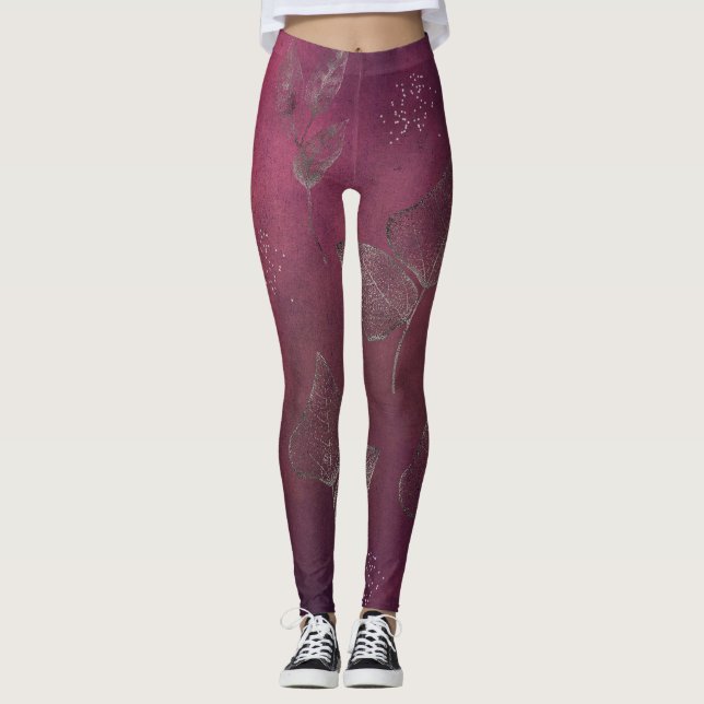 Cranberry & Faux Silver Leaves Leggings (Front)