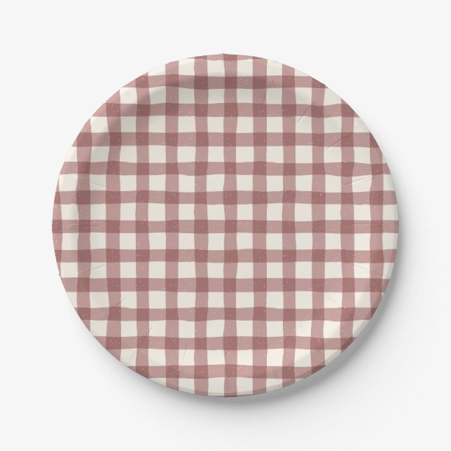 Cranberry Gingham Red Maroon Paper Plate (Front)