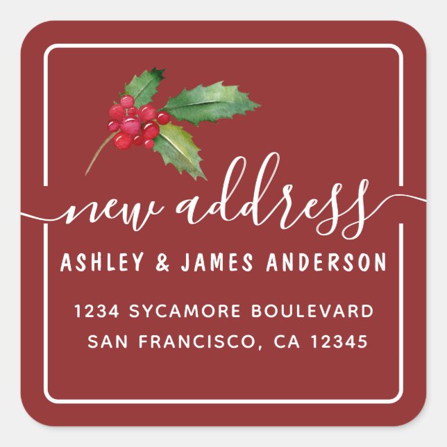 Cranberry Holly New Address Square Sticker (Front)