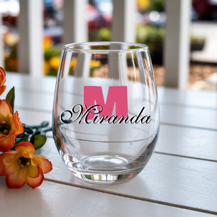 Cranberry Initial and Black Name Modern Stemless Wine Glass