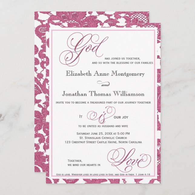 Cranberry Lace Religious Wedding Invitation (Front/Back)