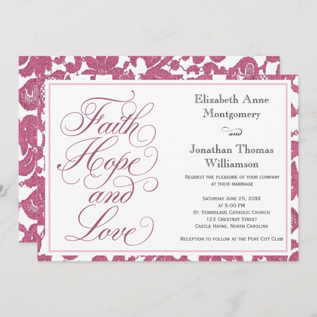 Cranberry Lace Script Faith Hope & Love Wedding Invitation (Front/Back)