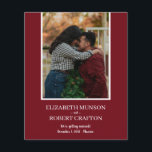 Cranberry Photo Wedding Save The Date<br><div class="desc">Small 4.5" x 5.6" affordable wedding save the date cards feature your photo and your details in chic lettering on a cranberry red background. **WHITE ENVELOPES ARE OPTIONAL. Be sure to double-check your order before adding it to your cart as what you see on the screen is what will be...</div>