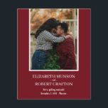 Cranberry Photo Wedding Save The Date<br><div class="desc">Small 4.5" x 5.6" affordable wedding save the date cards feature your photo and your details in chic lettering on a cranberry red background. **WHITE ENVELOPES ARE OPTIONAL. Be sure to double-check your order before adding it to your cart as what you see on the screen is what will be...</div>