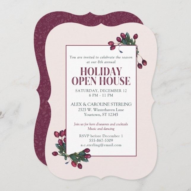 Cranberry Plum Elegant Botanical Holiday Invitation (Front/Back)