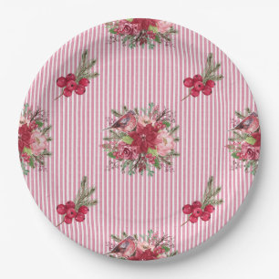 Cranberry Poinsettia Bird Floral Stripe Paper Plate