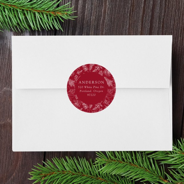Cranberry Poinsettias and Pinecones Return Address Classic Round Sticker (Creator Uploaded)