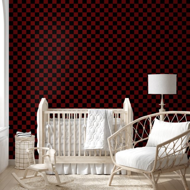 Cranberry Red and Black Chequerboard Pattern Wallpaper (Kids)