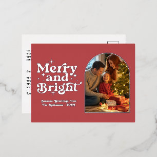 Cranberry Red and Silver Merry & Bright Retro Xmas Foil Holiday Postcard