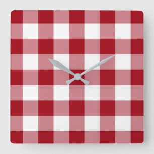 Cranberry Red and White Checked Gingham Pattern Square Wall Clock