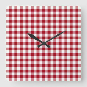 Cranberry Red And White Checked Gingham Pattern Square Wall Clock