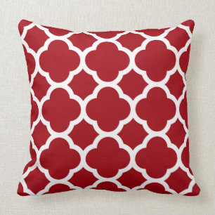 Cranberry Red and White Quatrefoil Pattern Cushion
