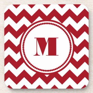 Cranberry Red and White zigzag Chevron Monogram Coaster