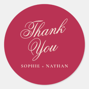 Cranberry Red Calligraphy Wedding Thank You Classic Round Sticker