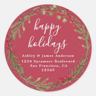 Cranberry Red Christmas Wreath Return Address Classic Round Sticker