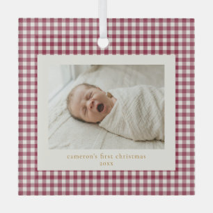 Cranberry Red Gingham Custom Baby First Christmas Glass Tree Decoration