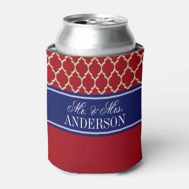 Cranberry Red Gld Moroccan #4 CB Navy Name Wedding Can Cooler (Can Front)