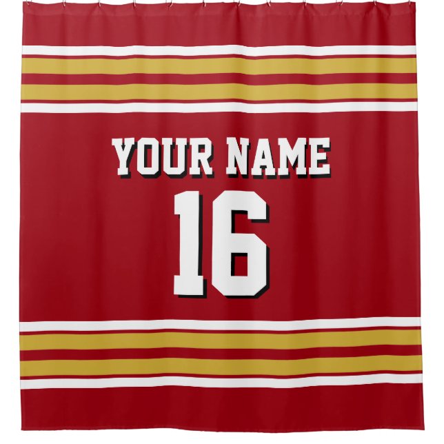 Cranberry Red Gold White Stripes Sports Jersey Shower Curtain (Front)